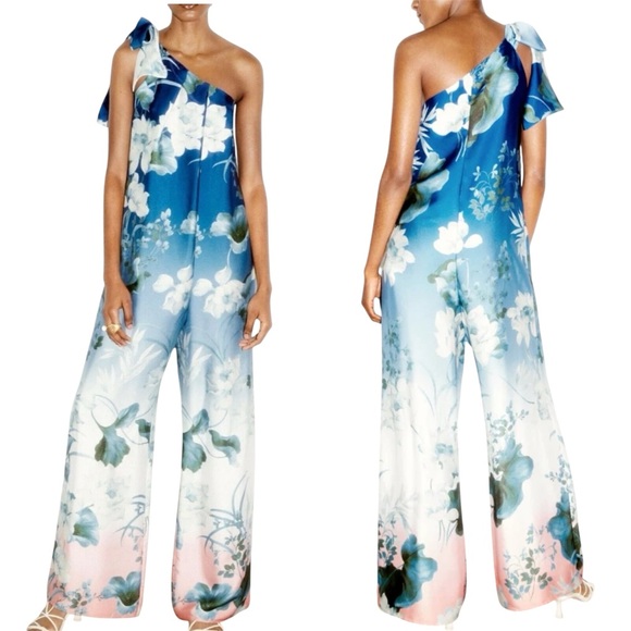 Zara Blue One Shoulder Floral Jumpsuit NWT Size L - Picture 1 of 7